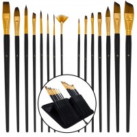 15 Piece Artist Long Handle Synthetic Paint Brush Set - Multi Functional Watercolor Gouache Oil Acrylic Brush Set in Zippered Ny